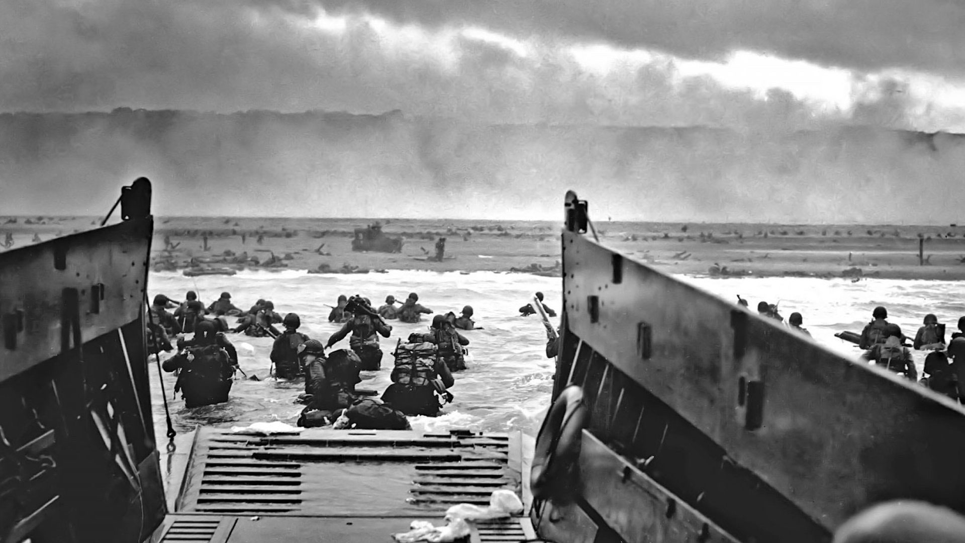 Image of U.S solders storming the beaches on D-Day on June 6th 1944