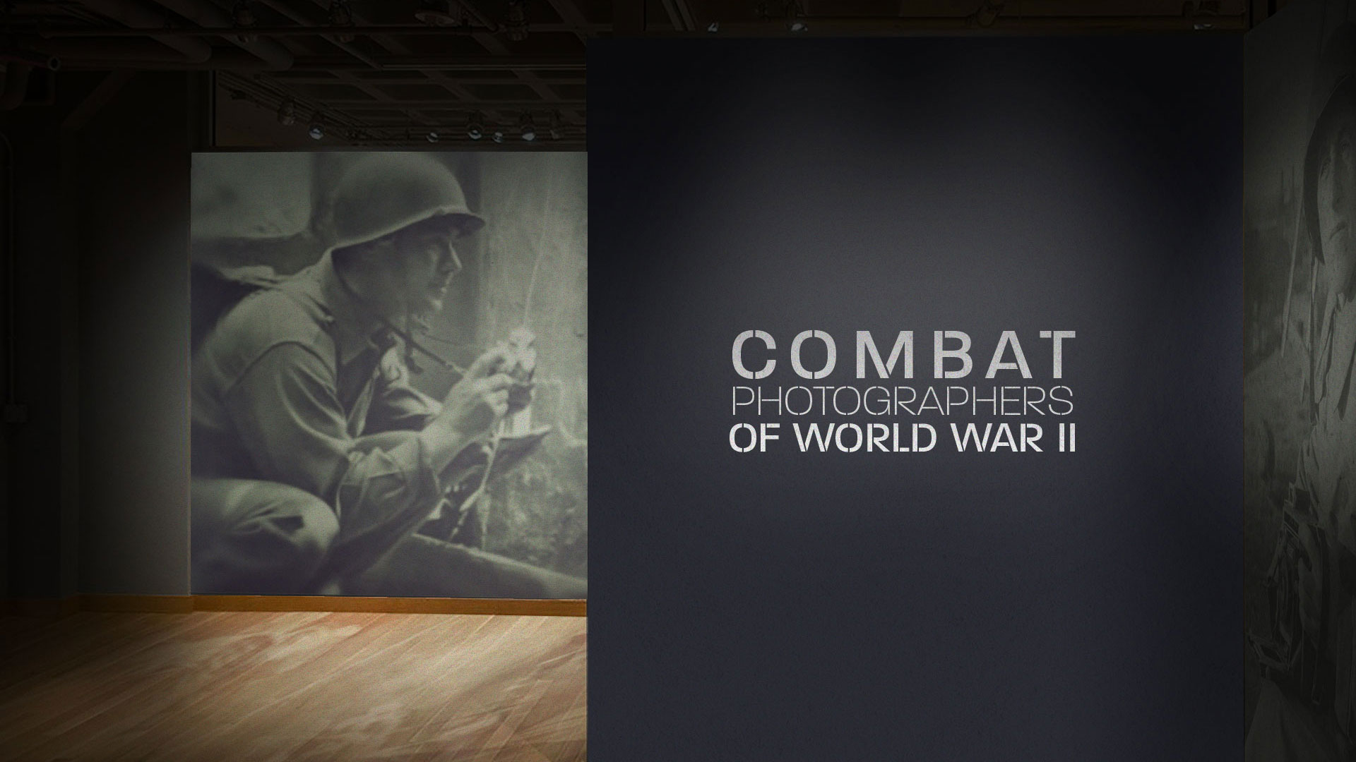 Mockup of the entrance to the Combat Photographers of WWII exhibit with our video playing on the wall