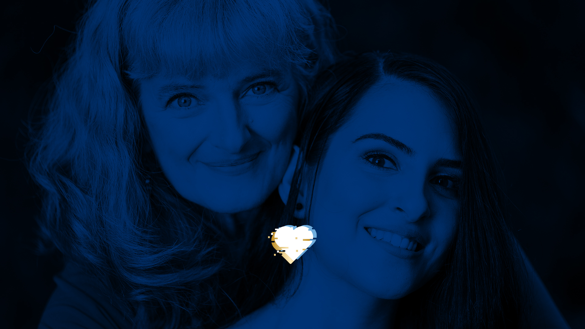 A smiling mother and daughter in blue duotone used in the Dove Selfie Talk campaign